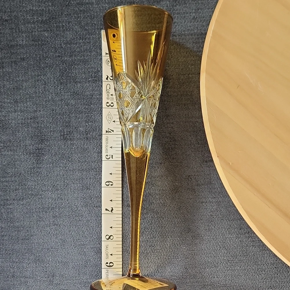 Set of 2 Pottery Barn Antoque Cut Flutes Amber Etched 9.5